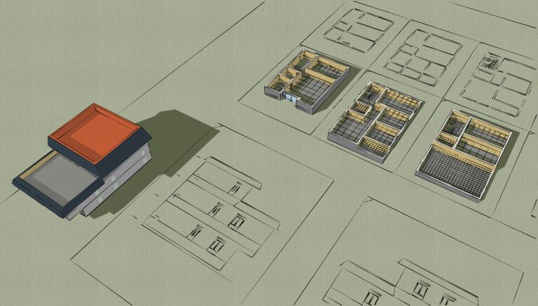 Blatt Papier mir Entwurfskizzen eines Hauses